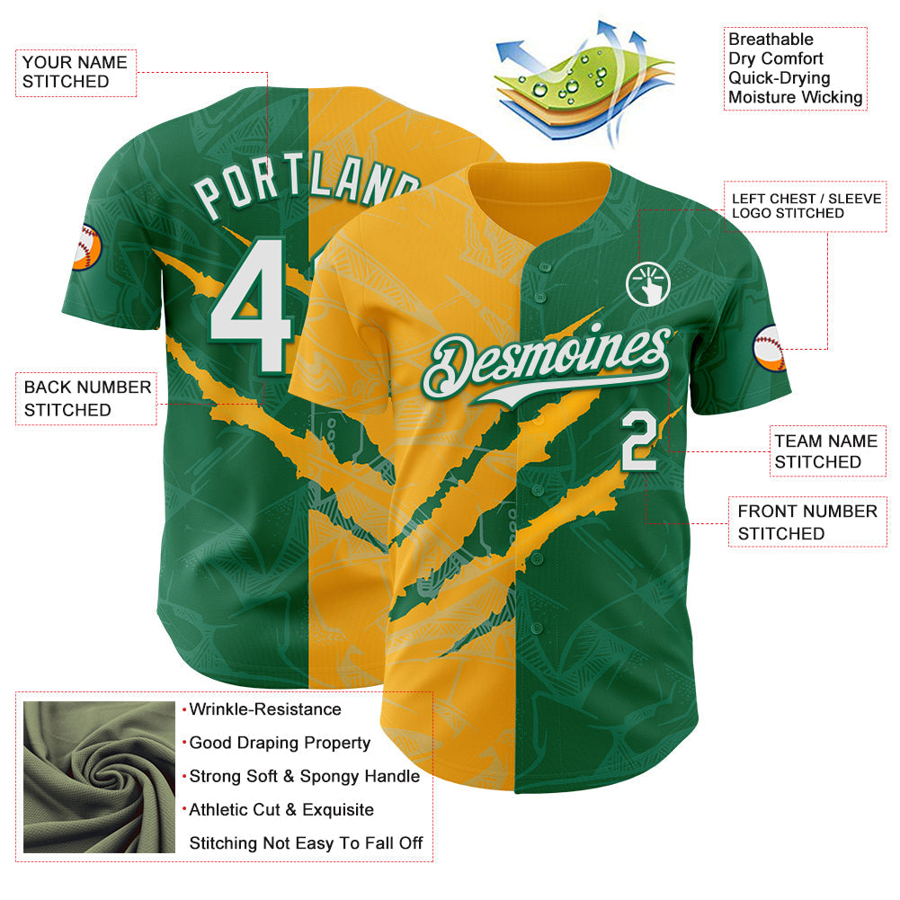 Custom Graffiti Pattern White Kelly Green-Gold 3D Scratch Authentic Baseball Jersey - Sky-Custom