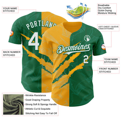 Custom Graffiti Pattern White Kelly Green-Gold 3D Scratch Authentic Baseball Jersey - Sky-Custom