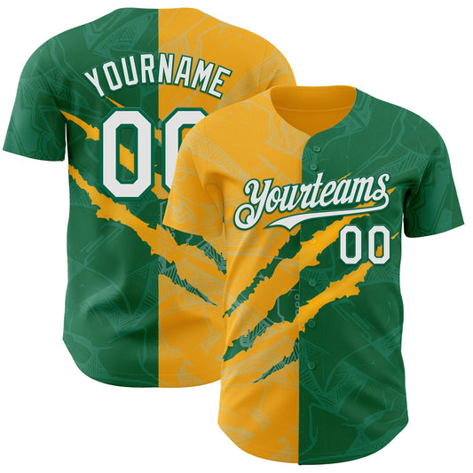 Custom Graffiti Pattern White Kelly Green-Gold 3D Scratch Authentic Baseball Jersey - Sky-Custom