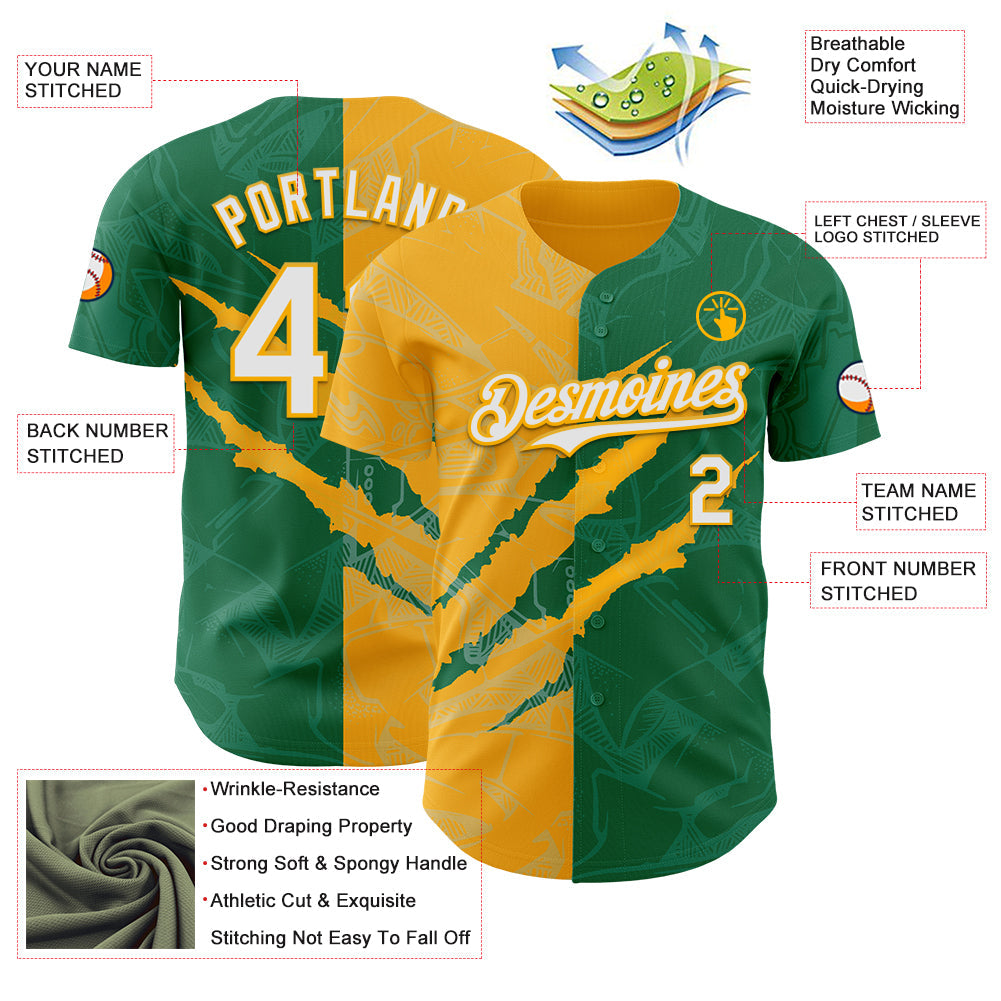 Custom Graffiti Pattern White Kelly Green-Gold 3D Scratch Authentic Baseball Jersey - Sky-Custom