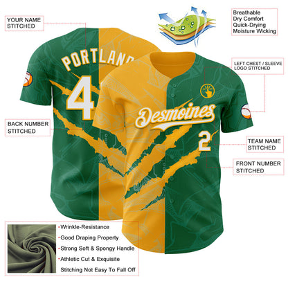 Custom Graffiti Pattern White Kelly Green-Gold 3D Scratch Authentic Baseball Jersey - Sky-Custom