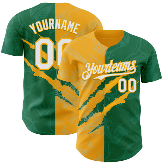 Custom Graffiti Pattern White Kelly Green-Gold 3D Scratch Authentic Baseball Jersey - Sky-Custom