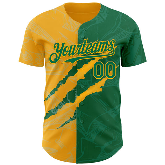 Custom Graffiti Pattern Kelly Green-Gold 3D Scratch Authentic Baseball Jersey - Sky-Custom