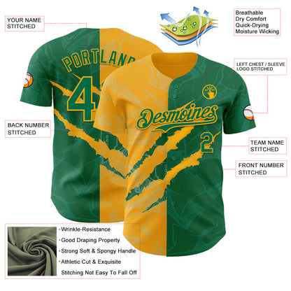 Custom Graffiti Pattern Kelly Green-Gold 3D Scratch Authentic Baseball Jersey - Sky-Custom