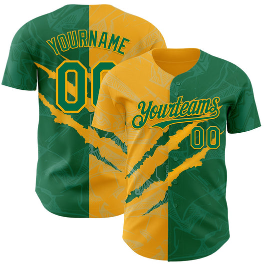 Custom Graffiti Pattern Kelly Green-Gold 3D Scratch Authentic Baseball Jersey - Sky-Custom
