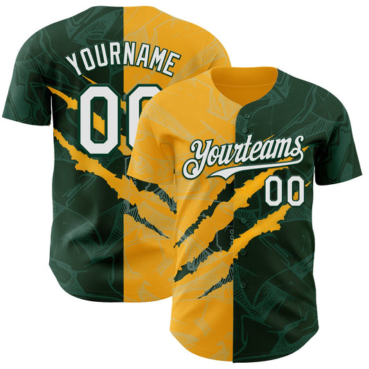 Custom Graffiti Pattern White Green-Gold 3D Scratch Authentic Baseball Jersey - Sky-Custom