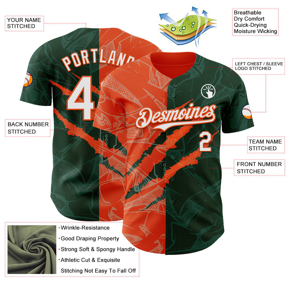Custom Graffiti Pattern White Green-Orange 3D Scratch Authentic Baseball Jersey - Sky-Custom