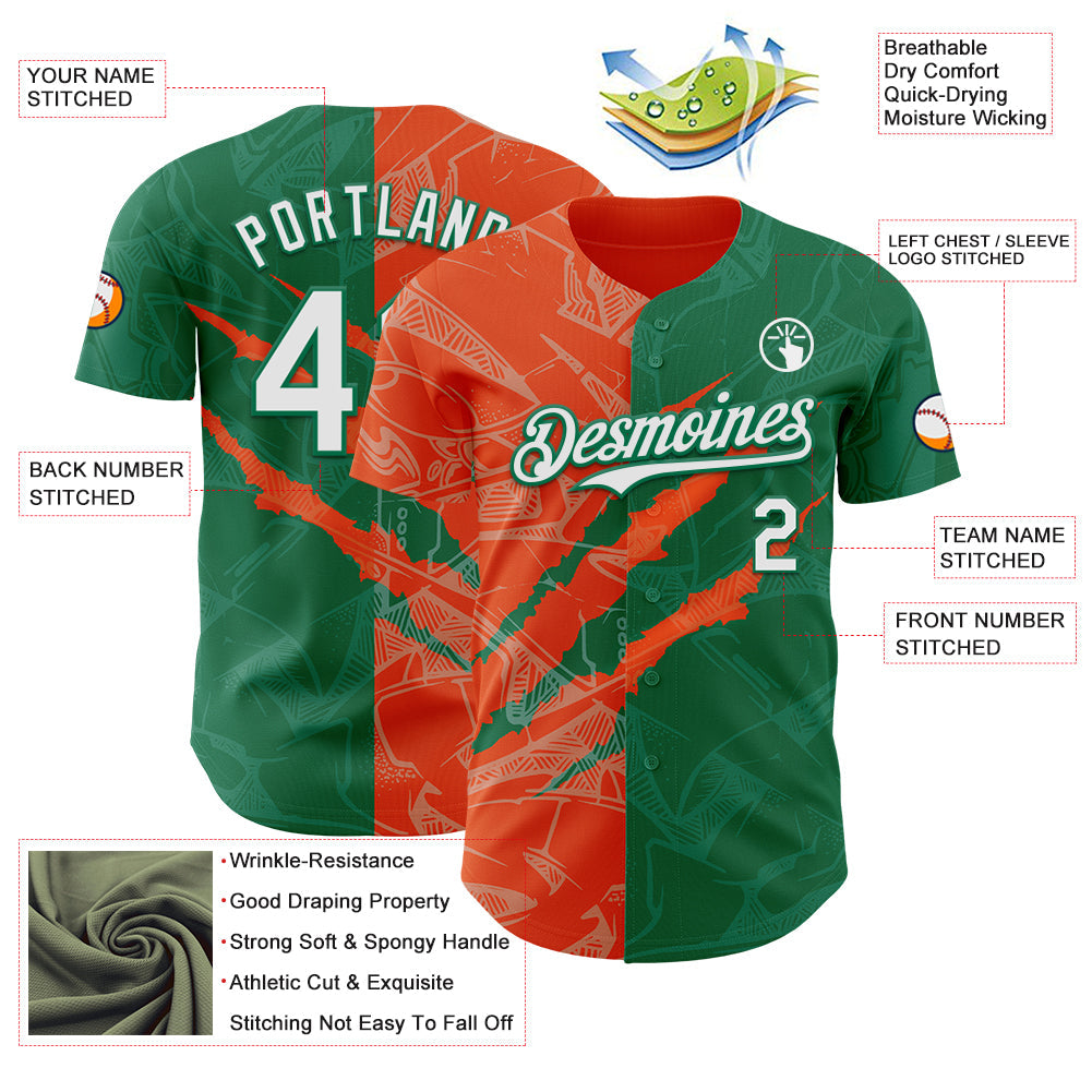 Custom Graffiti Pattern White Kelly Green-Orange 3D Scratch Authentic Baseball Jersey - Sky-Custom