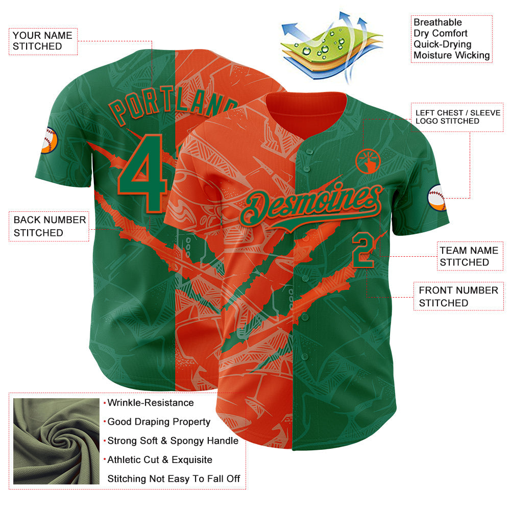 Custom Graffiti Pattern Kelly Green-Orange 3D Scratch Authentic Baseball Jersey - Sky-Custom