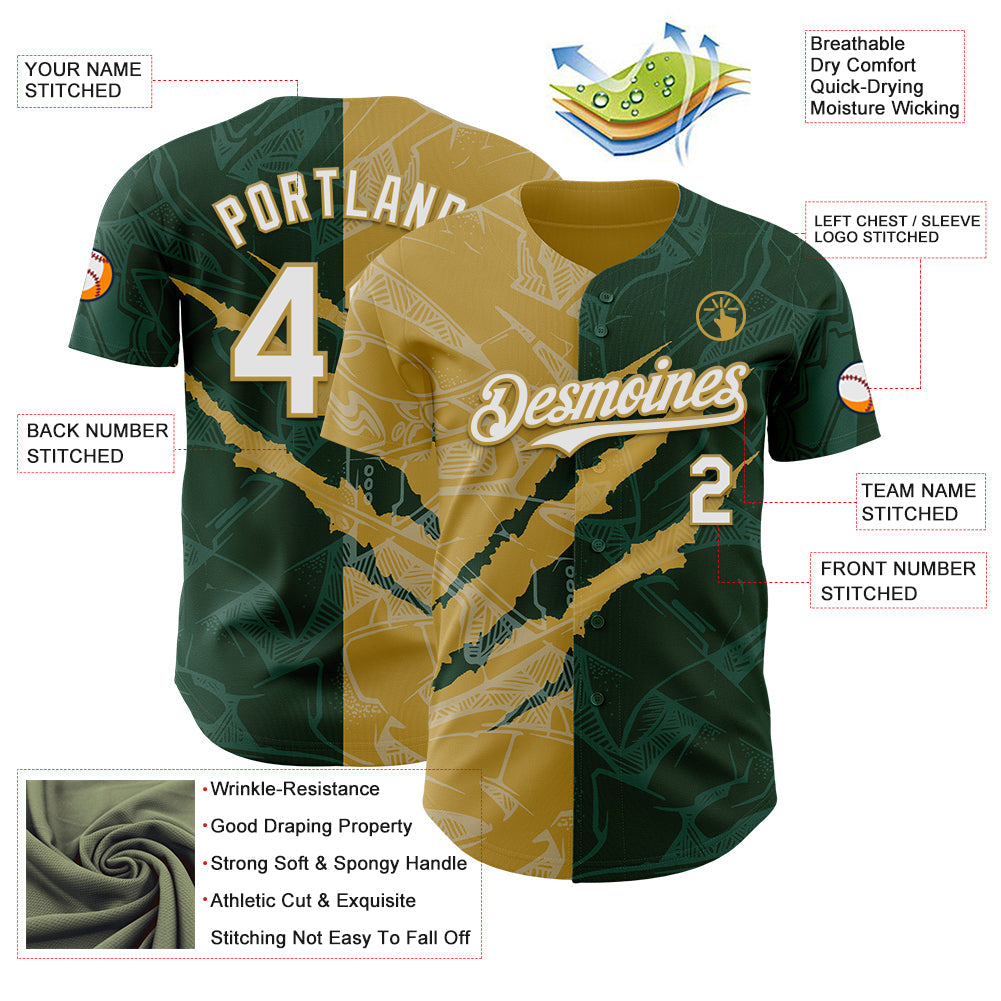 Custom Graffiti Pattern White Green-Old Gold 3D Scratch Authentic Baseball Jersey - Sky-Custom