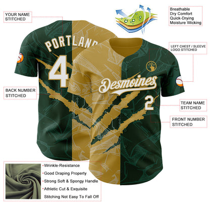 Custom Graffiti Pattern White Green-Old Gold 3D Scratch Authentic Baseball Jersey - Sky-Custom
