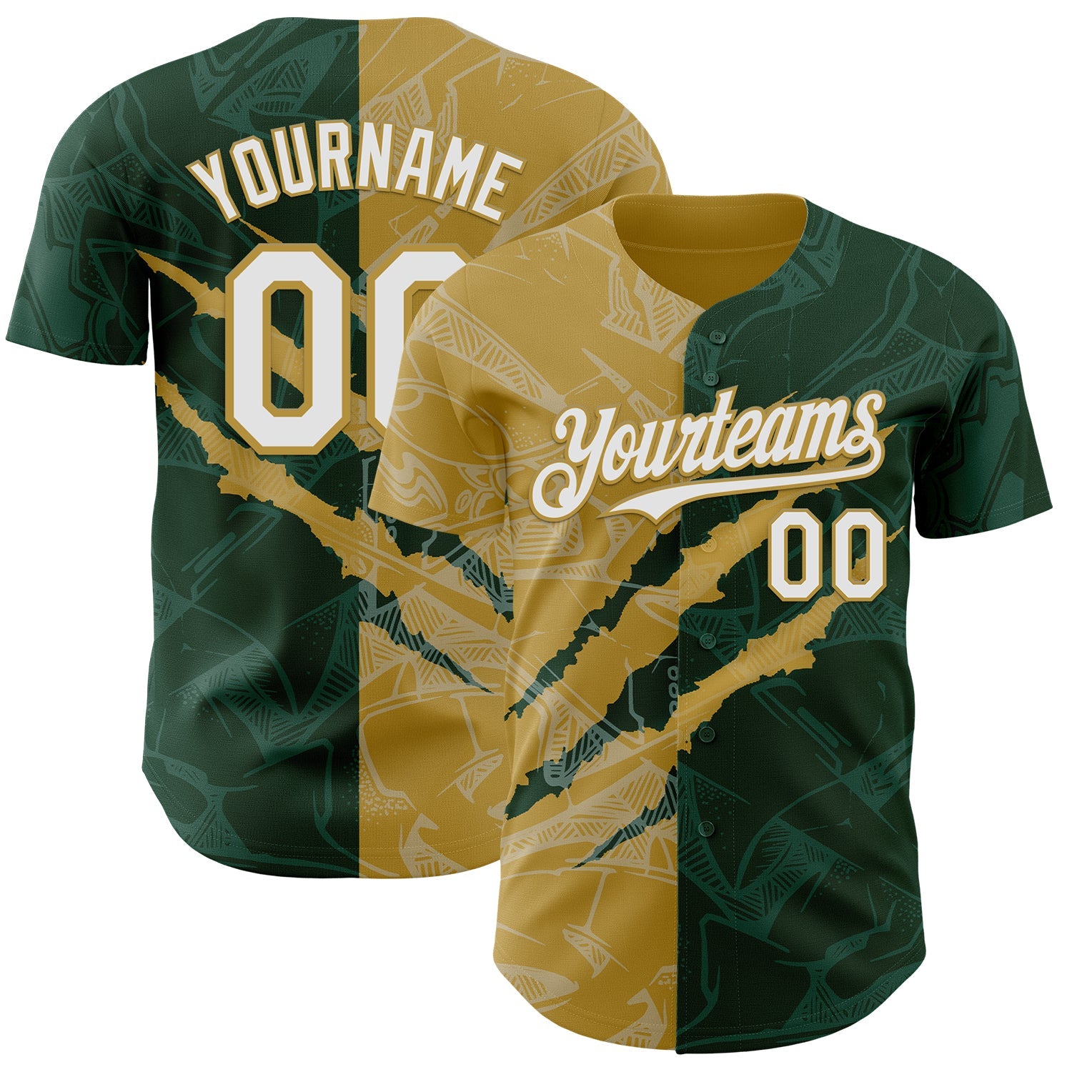 Custom Graffiti Pattern White Green-Old Gold 3D Scratch Authentic Baseball Jersey - Sky-Custom