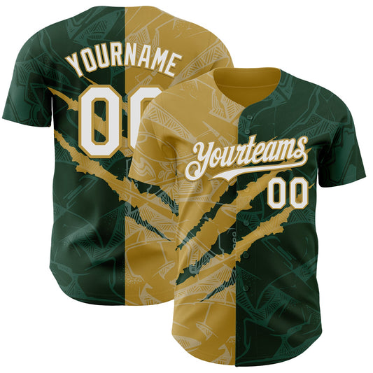 Custom Graffiti Pattern White Green-Old Gold 3D Scratch Authentic Baseball Jersey - Sky-Custom