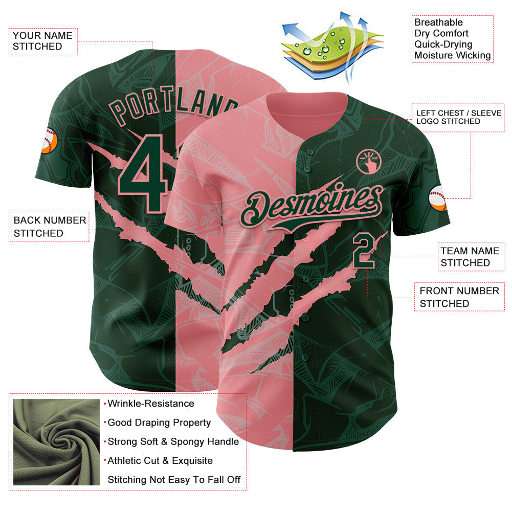 Custom Graffiti Pattern Green-Medium Pink 3D Scratch Authentic Baseball Jersey - Sky-Custom