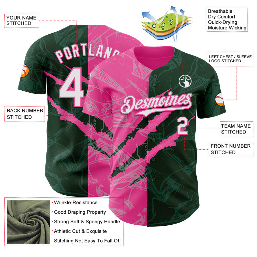 Custom Graffiti Pattern White Green-Pink 3D Scratch Authentic Baseball Jersey - Sky-Custom