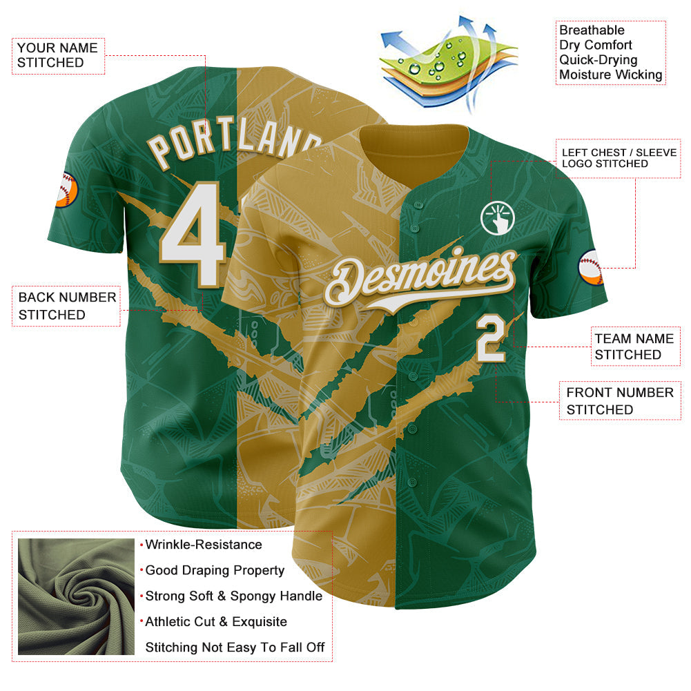 Custom Graffiti Pattern White Kelly Green-Old Gold 3D Scratch Authentic Baseball Jersey - Sky-Custom