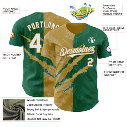 Custom Graffiti Pattern White Kelly Green-Old Gold 3D Scratch Authentic Baseball Jersey - Sky-Custom