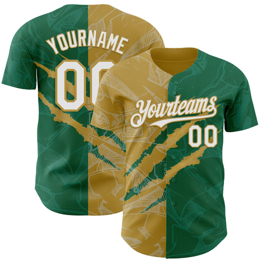 Custom Graffiti Pattern White Kelly Green-Old Gold 3D Scratch Authentic Baseball Jersey - Sky-Custom