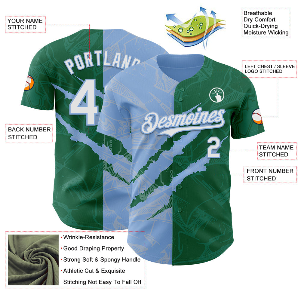 Custom Graffiti Pattern White Kelly Green-Light Blue 3D Scratch Authentic Baseball Jersey - Sky-Custom