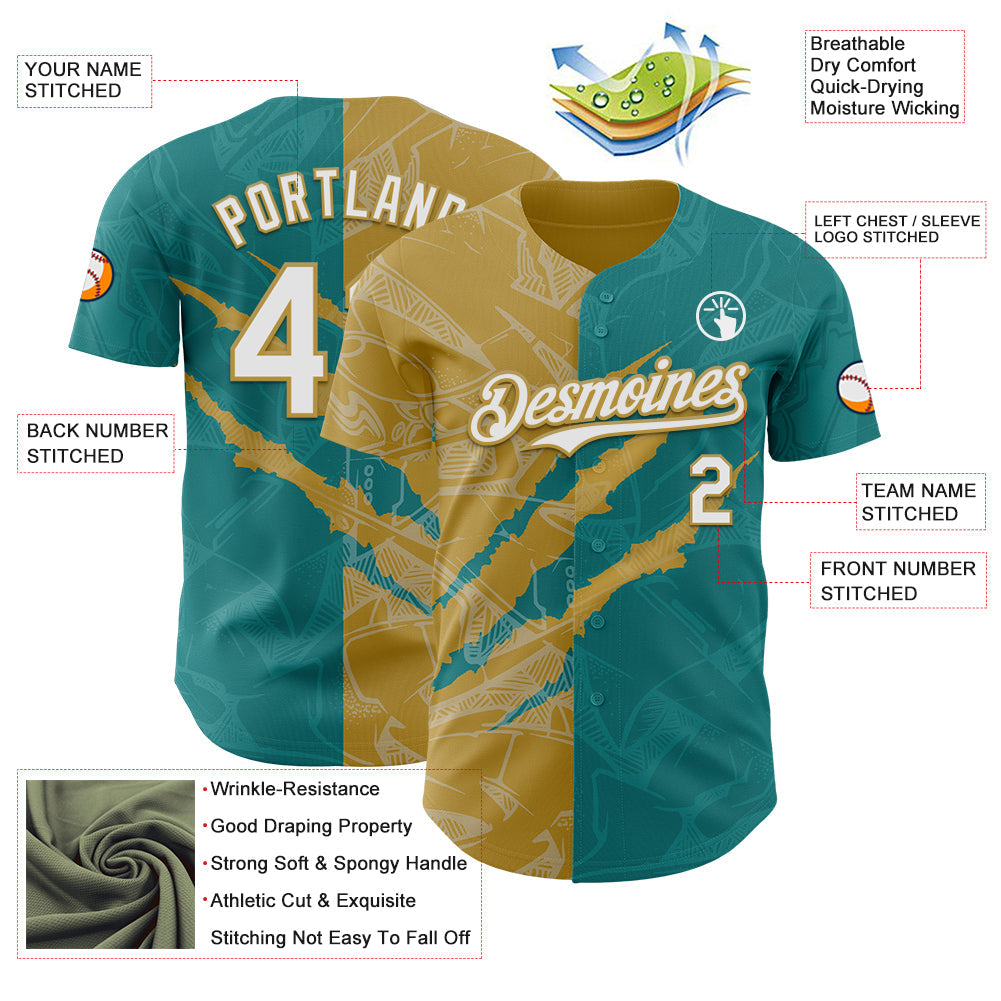 Custom Graffiti Pattern White Teal-Old Gold 3D Scratch Authentic Baseball Jersey - Sky-Custom