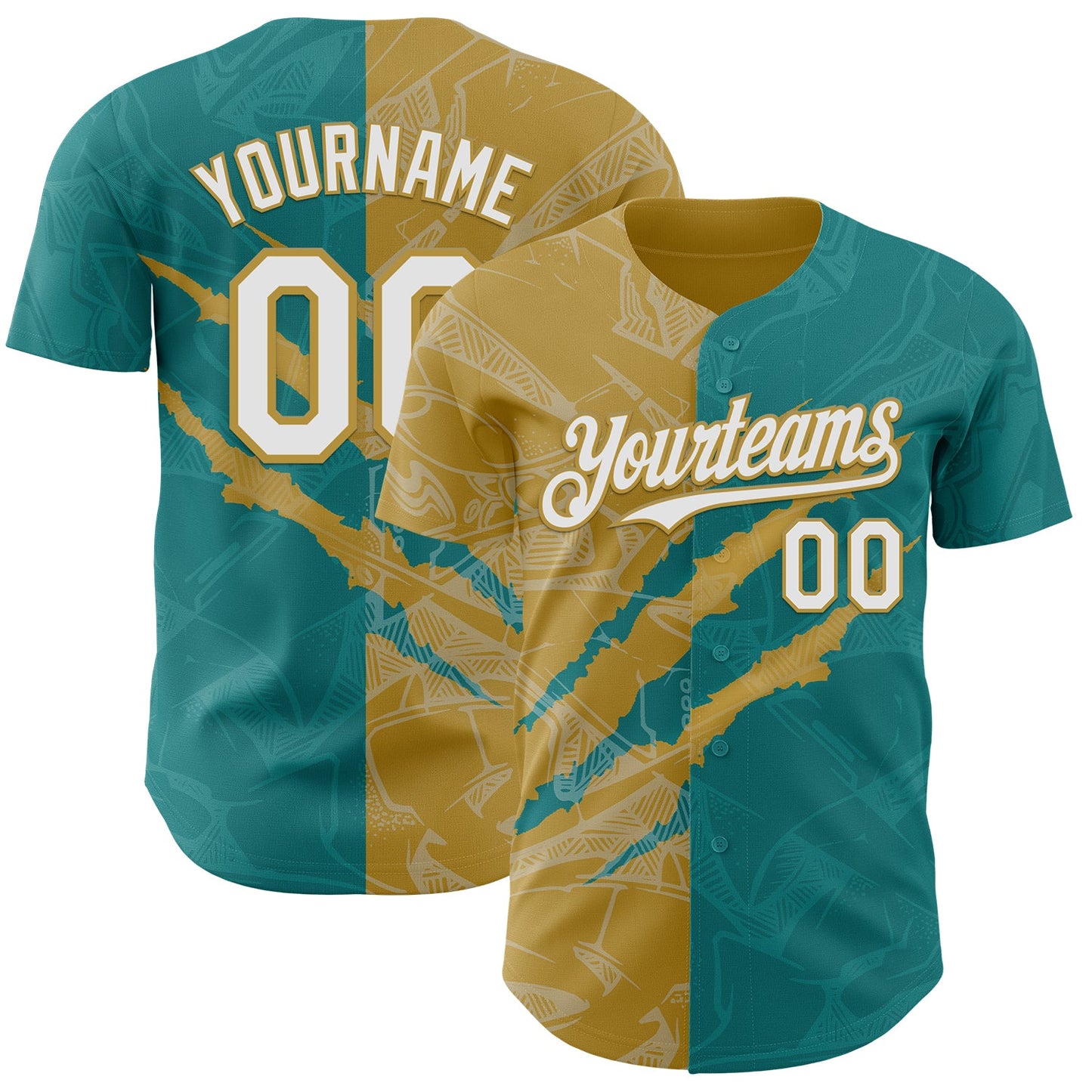 Custom Graffiti Pattern White Teal-Old Gold 3D Scratch Authentic Baseball Jersey - Sky-Custom