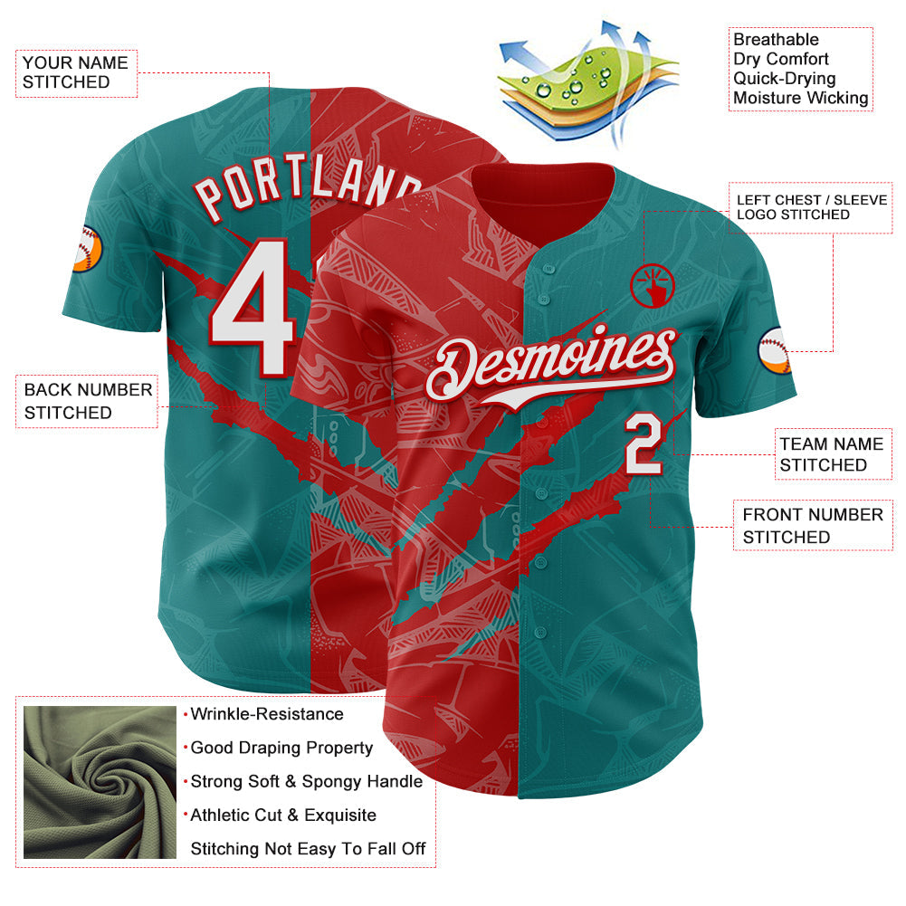 Custom Graffiti Pattern White Teal-Red 3D Scratch Authentic Baseball Jersey - Sky-Custom