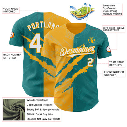 Custom Graffiti Pattern White Teal-Gold 3D Scratch Authentic Baseball Jersey - Sky-Custom