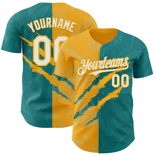 Custom Graffiti Pattern White Teal-Gold 3D Scratch Authentic Baseball Jersey - Sky-Custom