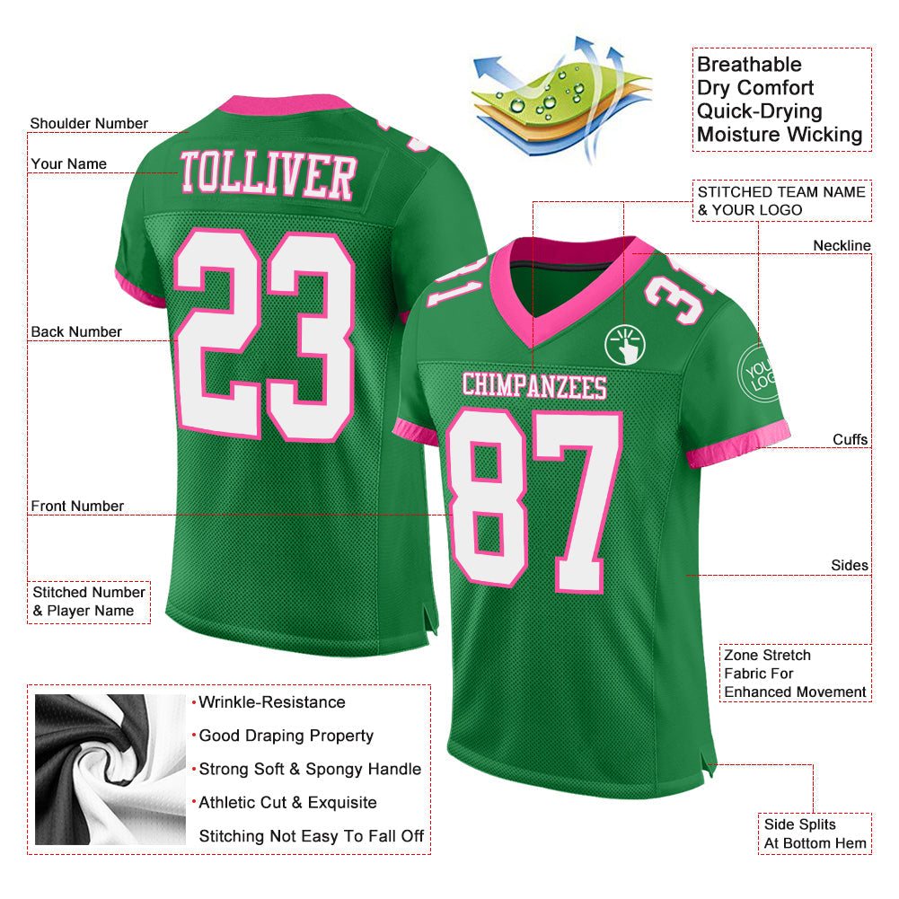 Custom Grass Green White-Pink Mesh Authentic Football Jersey - Sky-Custom