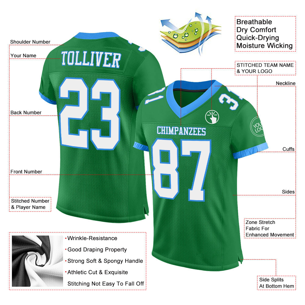 Custom Grass Green White-Powder Blue Mesh Authentic Football Jersey - Sky-Custom
