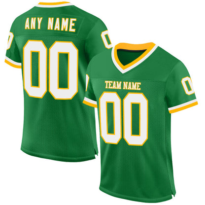 Custom Grass Green White-Gold Mesh Authentic Throwback Football Jersey - Sky-Custom