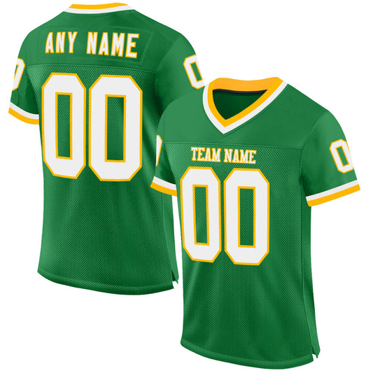 Custom Grass Green White-Gold Mesh Authentic Throwback Football Jersey - Sky-Custom