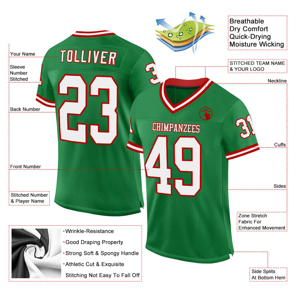 Custom Grass Green White-Red Mesh Authentic Throwback Football Jersey - Sky-Custom