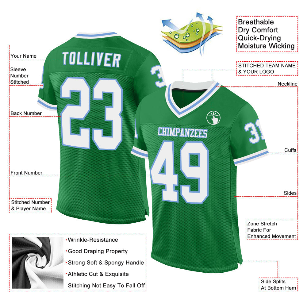 Custom Grass Green White-Light Blue Mesh Authentic Throwback Football Jersey - Sky-Custom