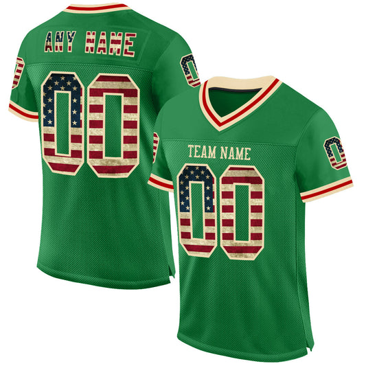 Custom Grass Green Vintage USA Flag Cream-Red Mesh Authentic Throwback Football Jersey - Sky-Custom
