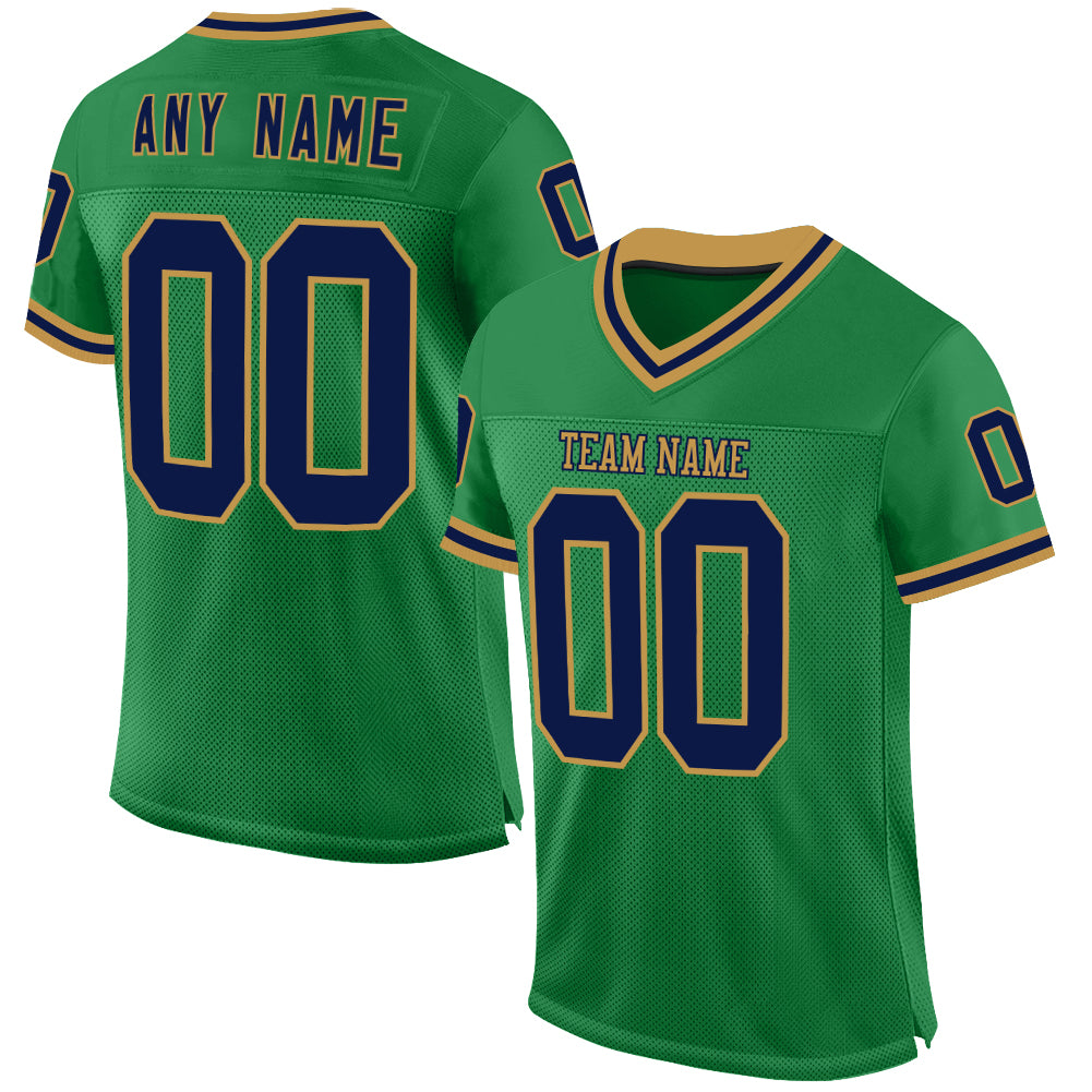 Custom Grass Green Navy-Old Gold Mesh Authentic Throwback Football Jersey - Sky-Custom