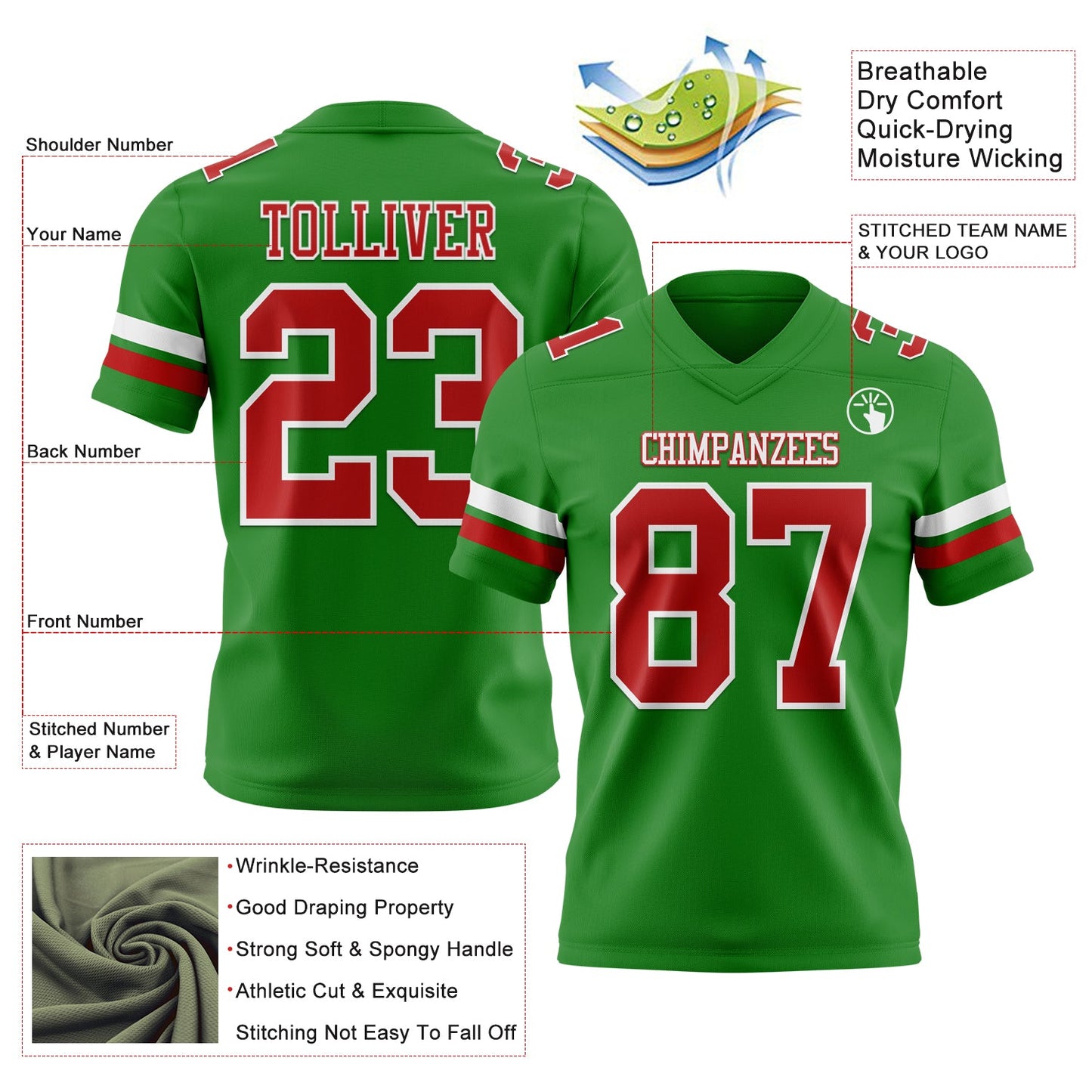 Custom Grass Green Red-White Mesh Authentic Football Jersey - Sky-Custom