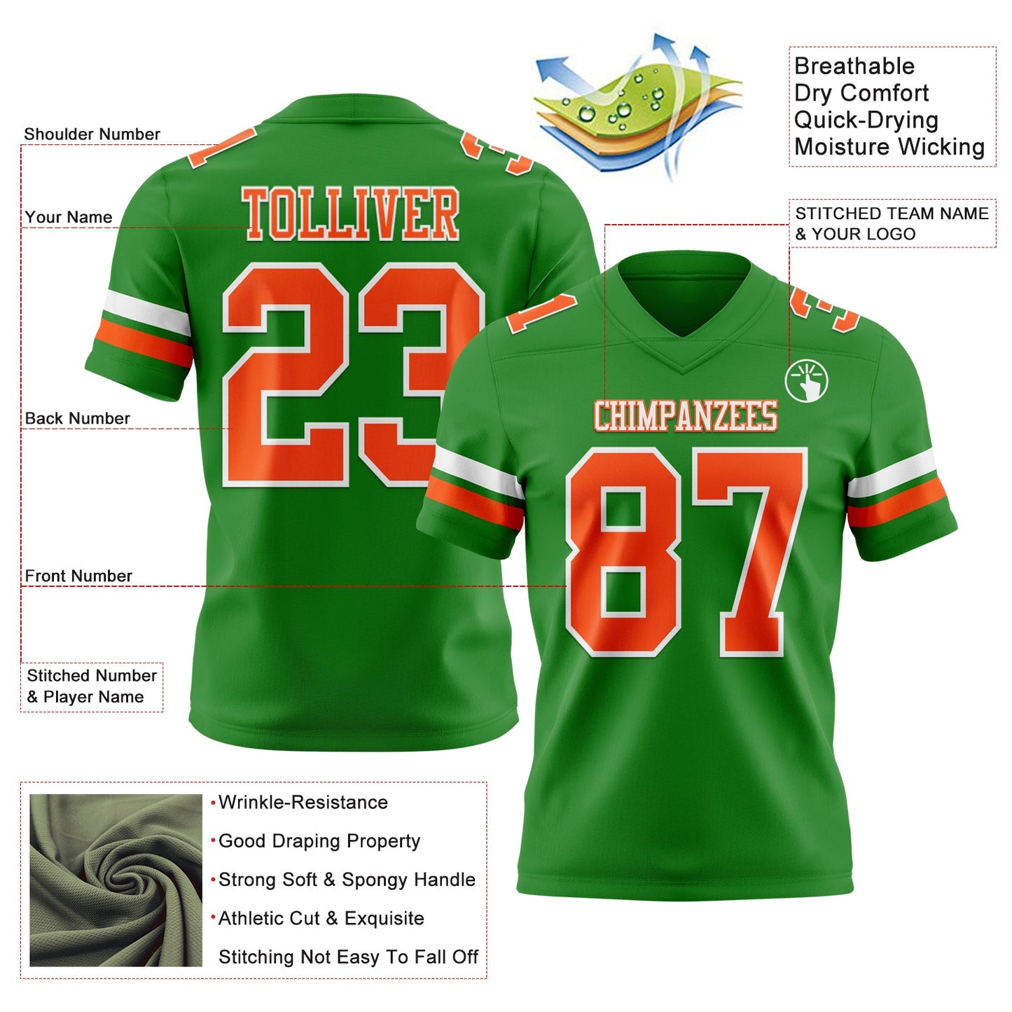 Custom Grass Green Orange-White Mesh Authentic Football Jersey - Sky-Custom