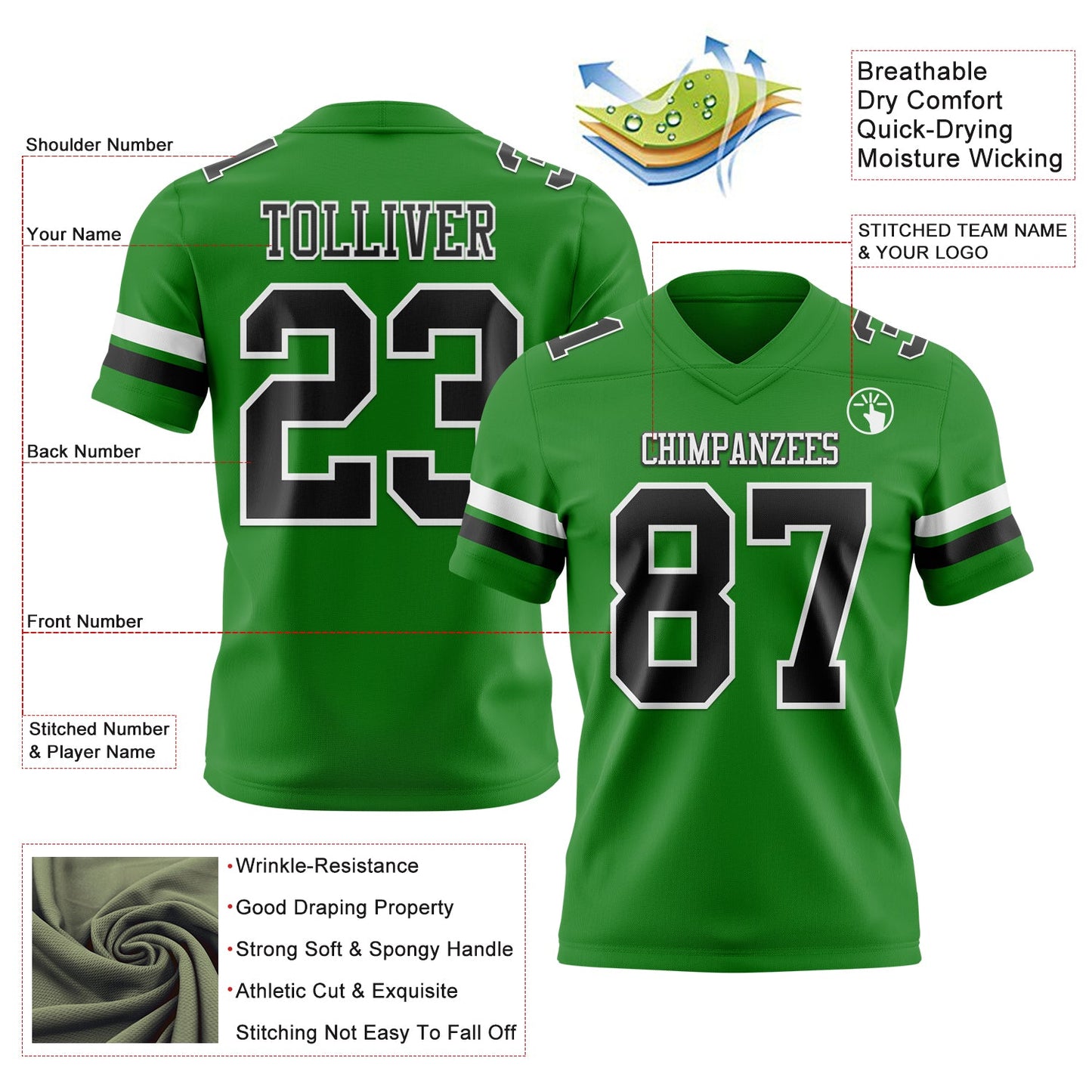 Custom Grass Green Black-White Mesh Authentic Football Jersey - Sky-Custom
