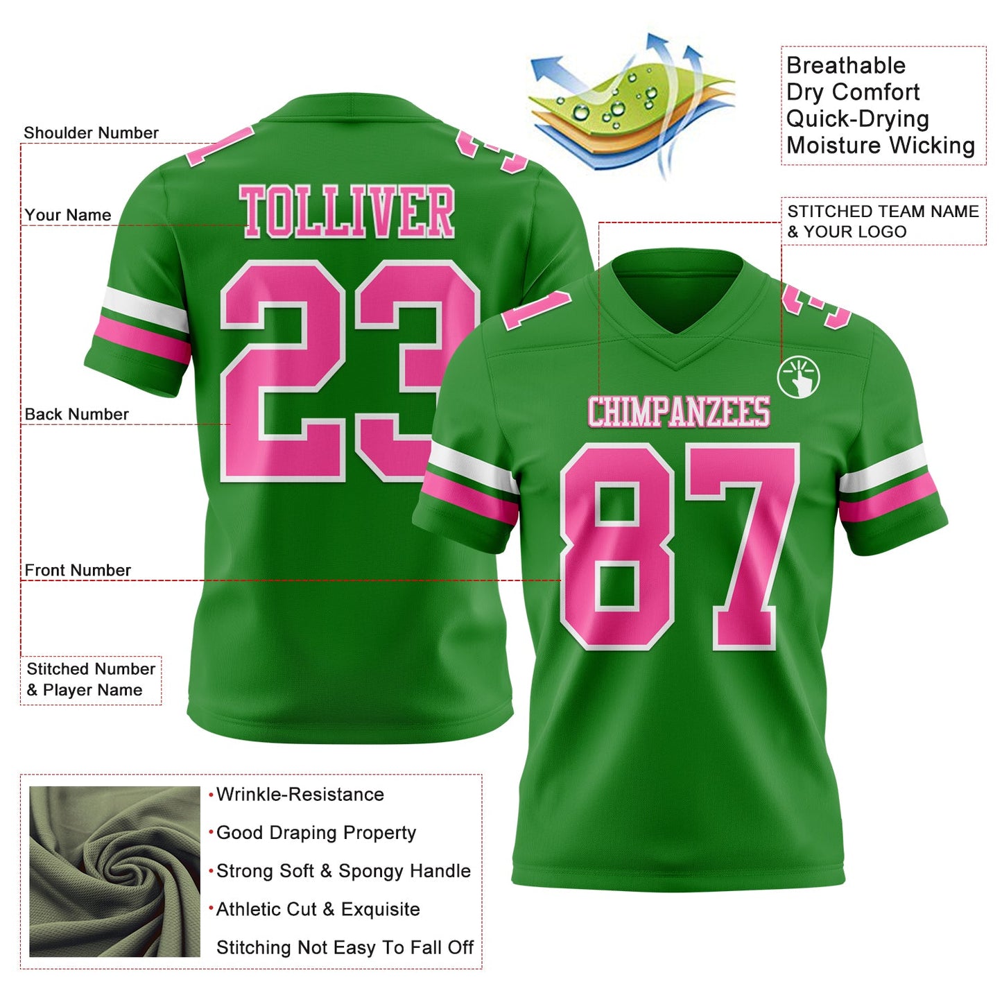 Custom Grass Green Pink-White Mesh Authentic Football Jersey - Sky-Custom