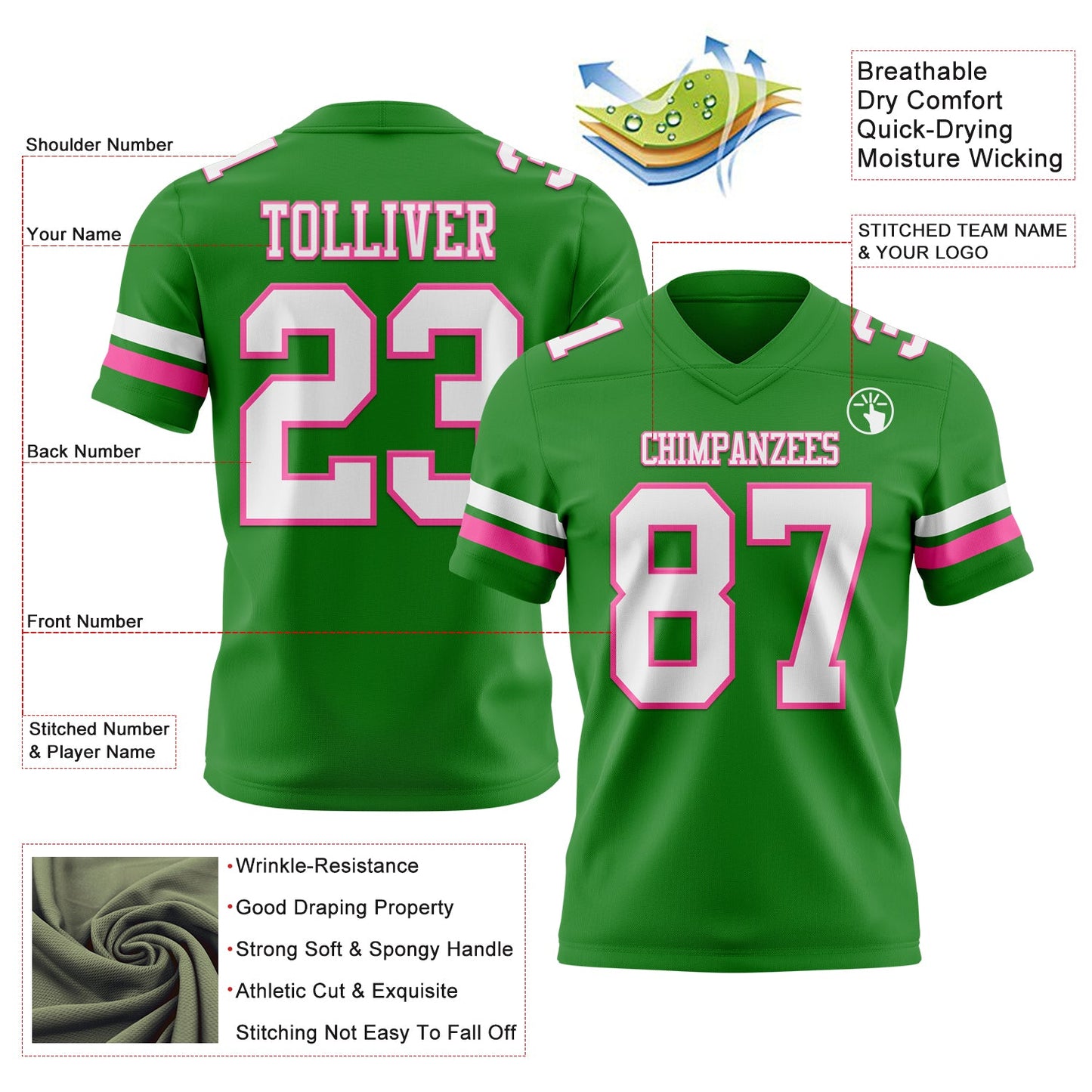 Custom Grass Green White-Pink Mesh Authentic Football Jersey - Sky-Custom