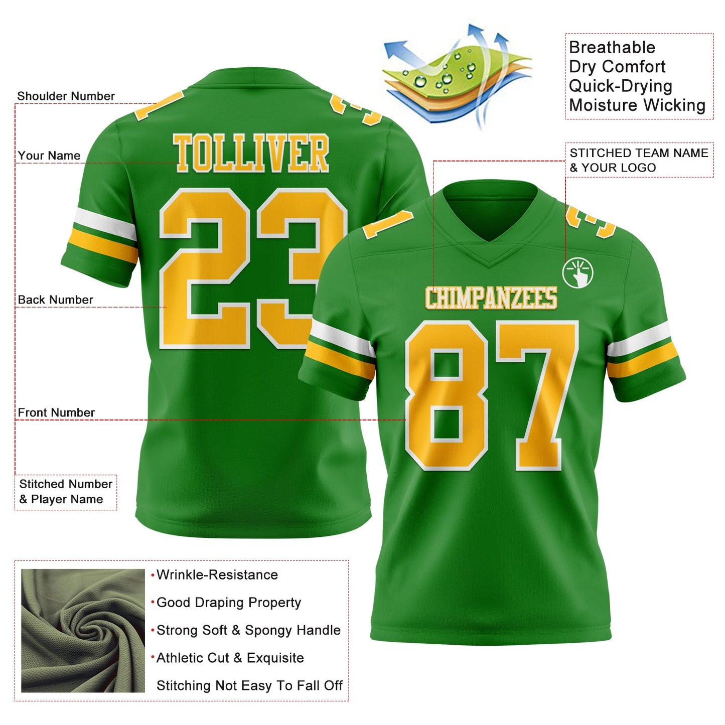 Custom Grass Green Gold-White Mesh Authentic Football Jersey - Sky-Custom