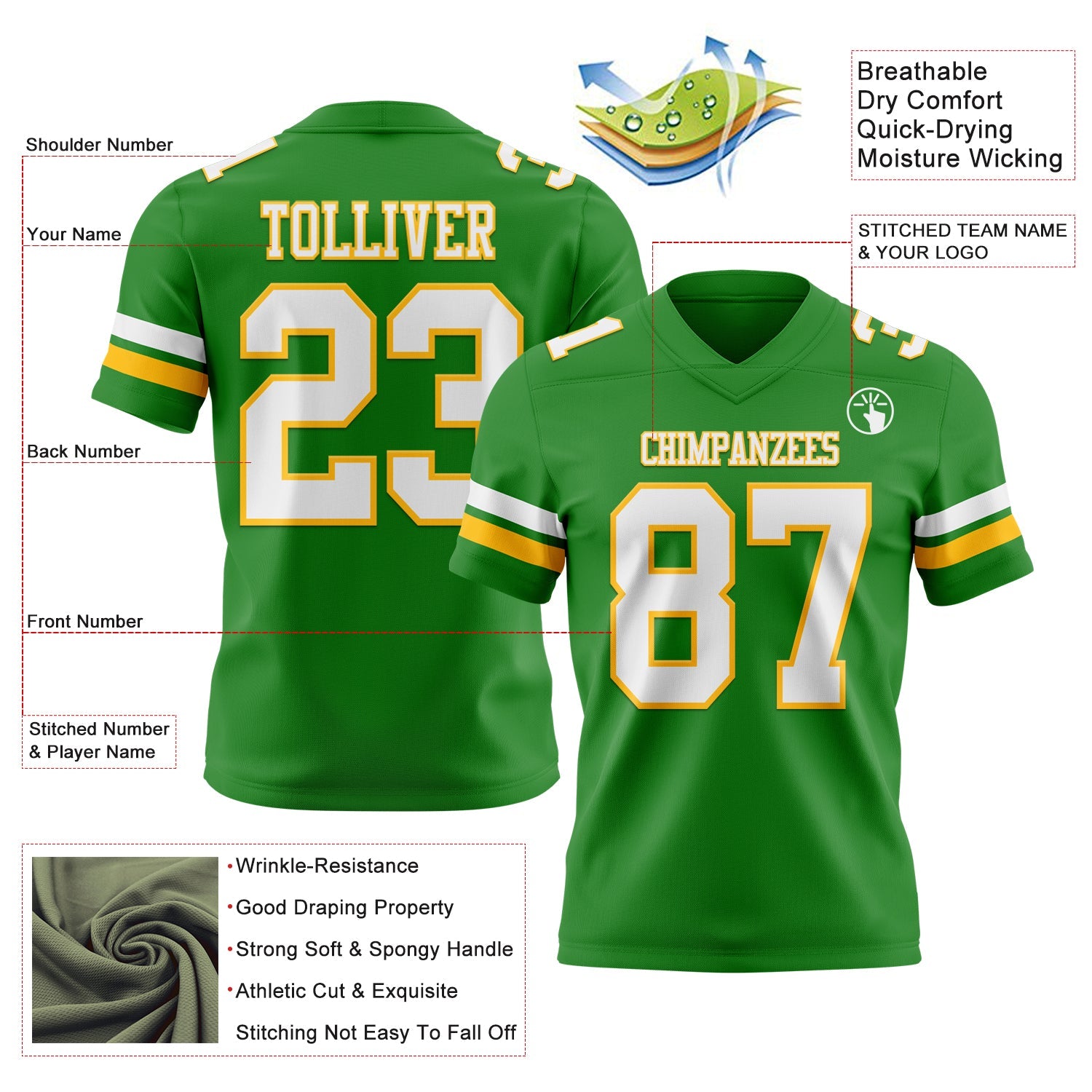 Custom Grass Green White-Gold Mesh Authentic Football Jersey - Sky-Custom
