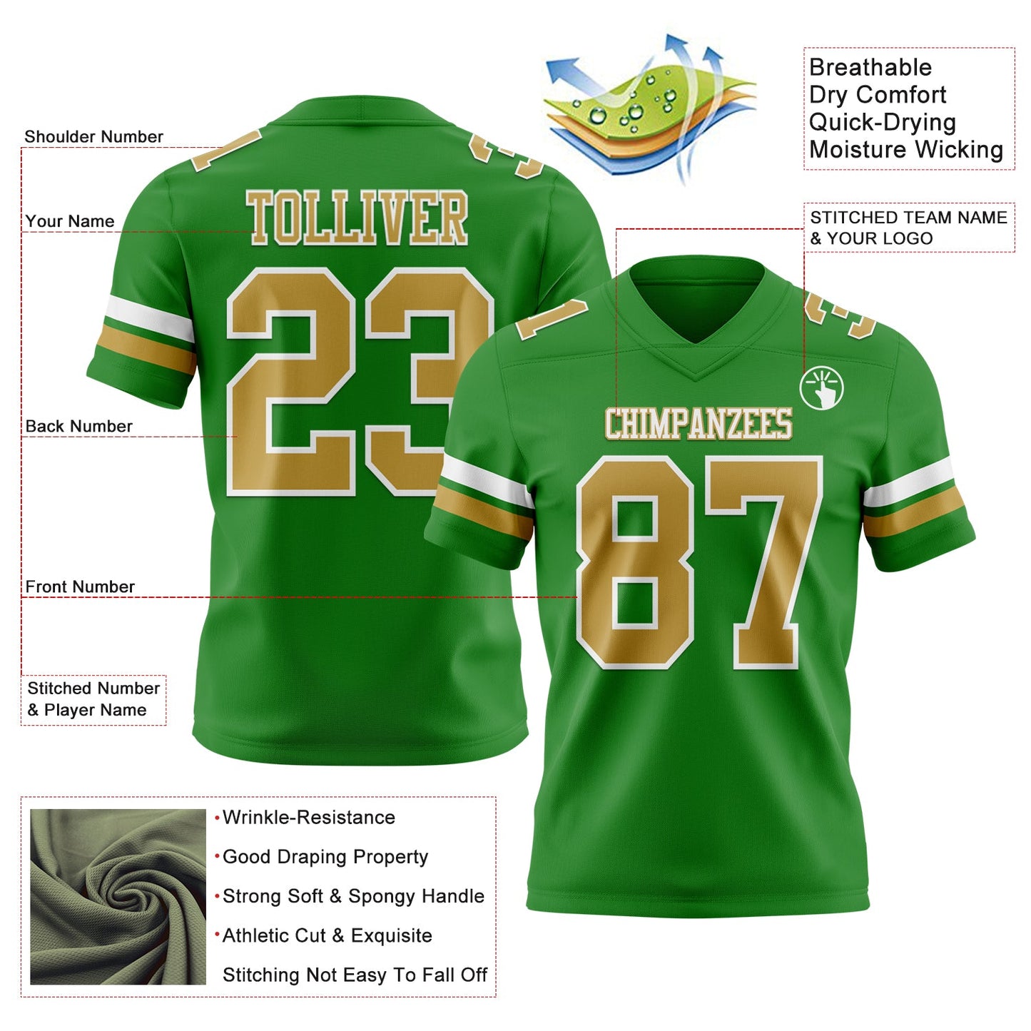 Custom Grass Green Old Gold-White Mesh Authentic Football Jersey - Sky-Custom