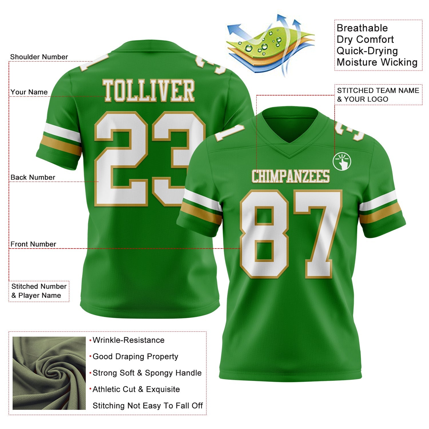 Custom Grass Green White-Old Gold Mesh Authentic Football Jersey - Sky-Custom