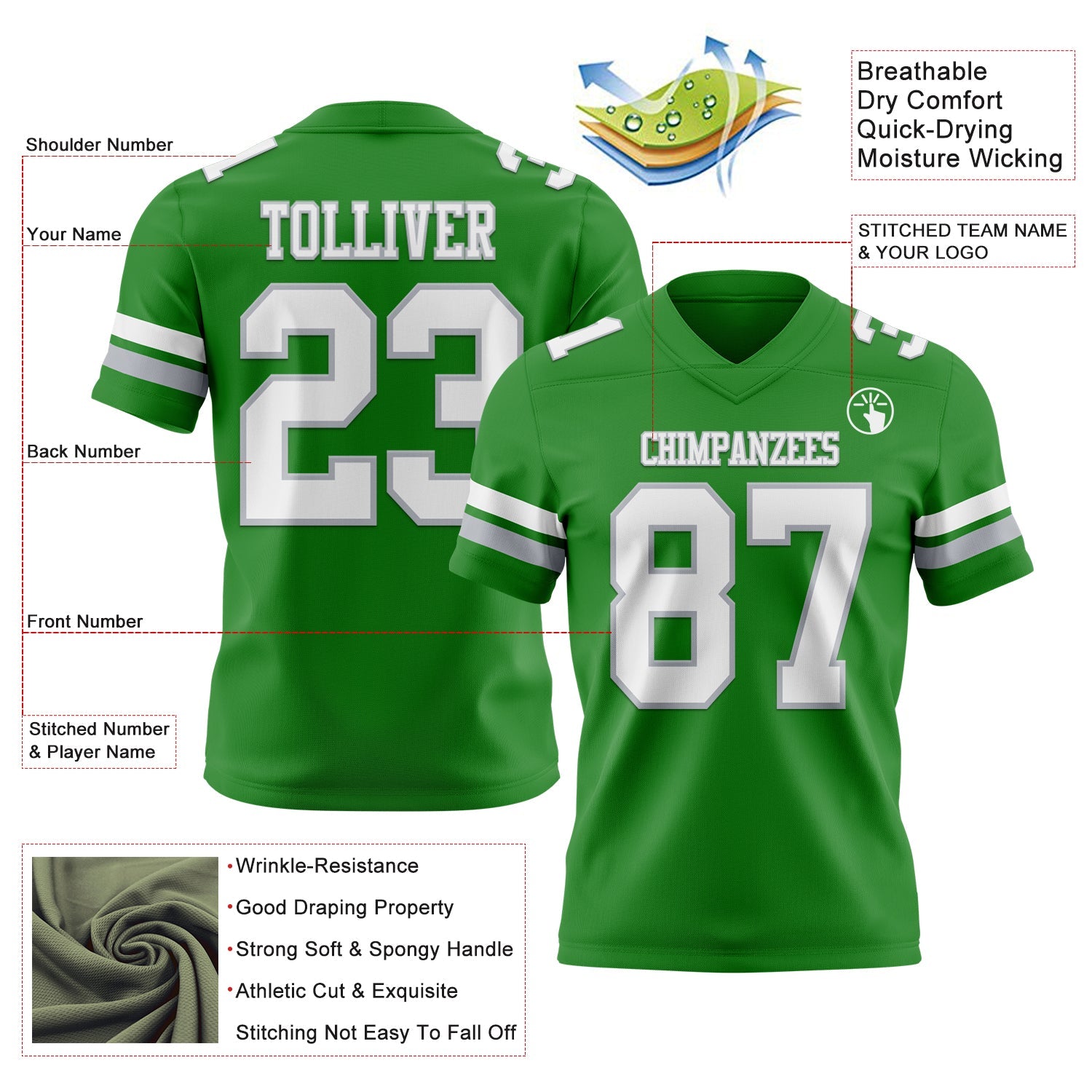 Custom Grass Green White-Gray Mesh Authentic Football Jersey - Sky-Custom