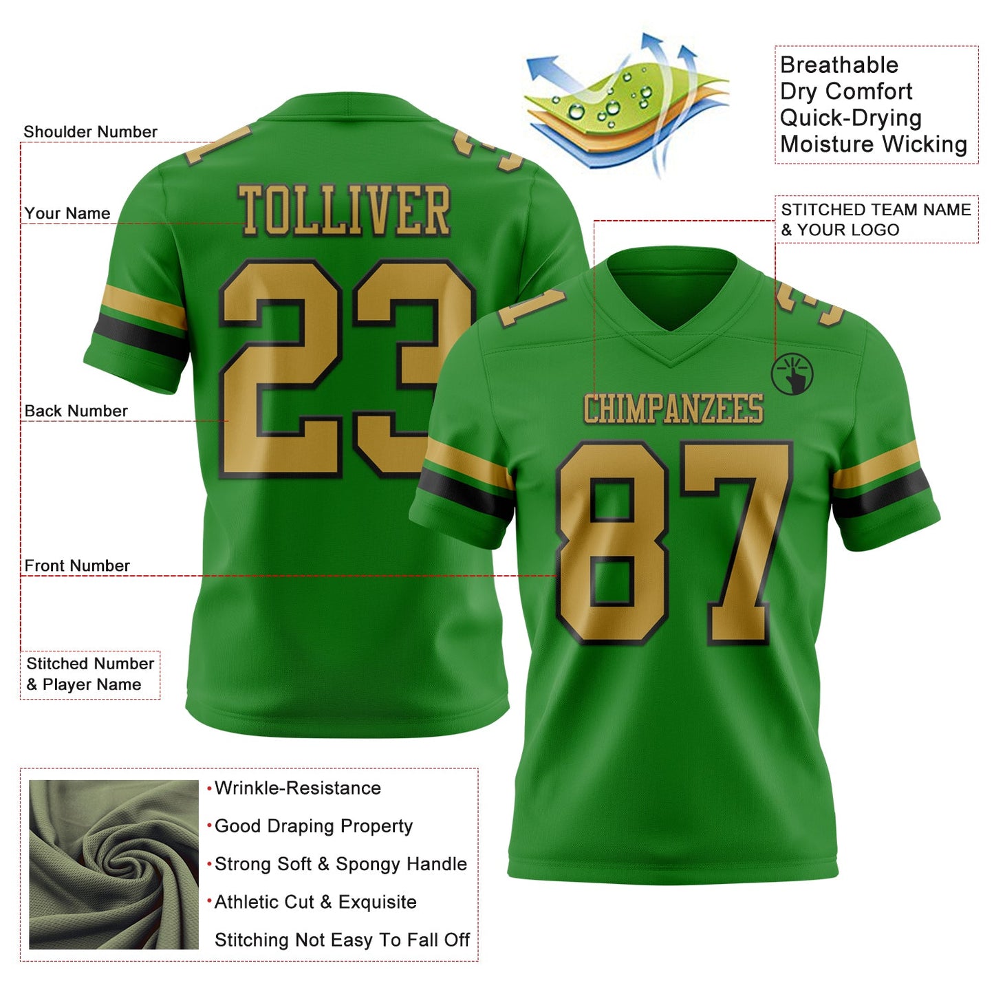 Custom Grass Green Old Gold-Black Mesh Authentic Football Jersey - Sky-Custom