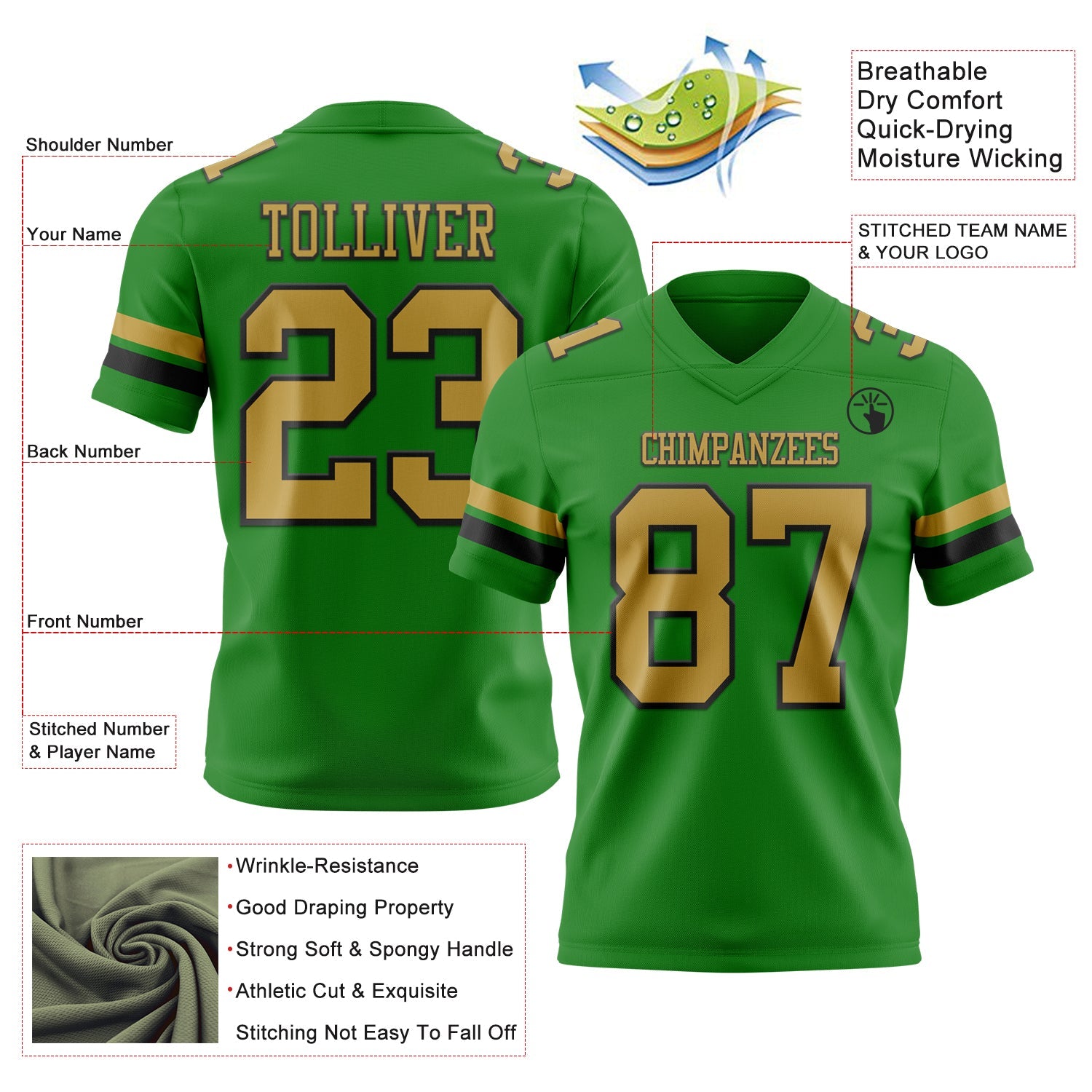 Custom Grass Green Old Gold-Black Mesh Authentic Football Jersey - Sky-Custom