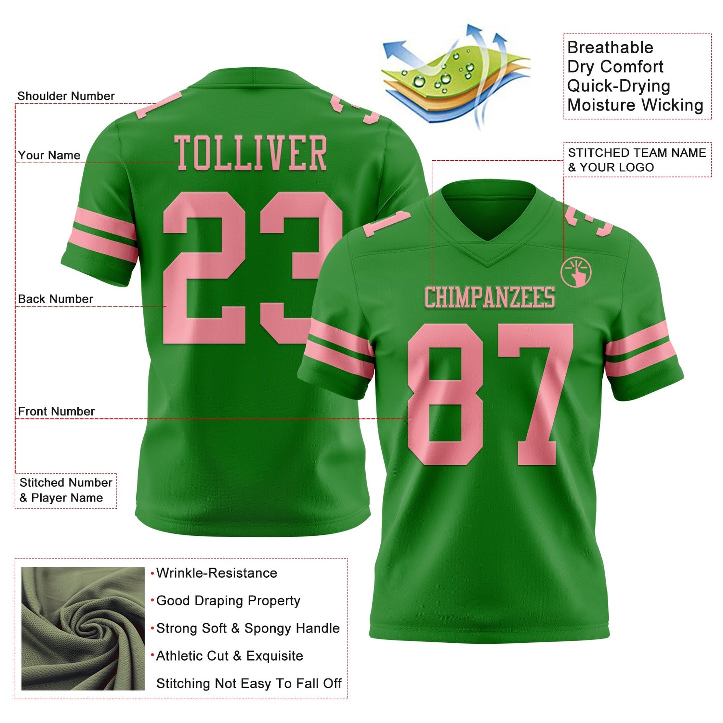 Custom Grass Green Medium Pink Mesh Authentic Football Jersey - Sky-Custom