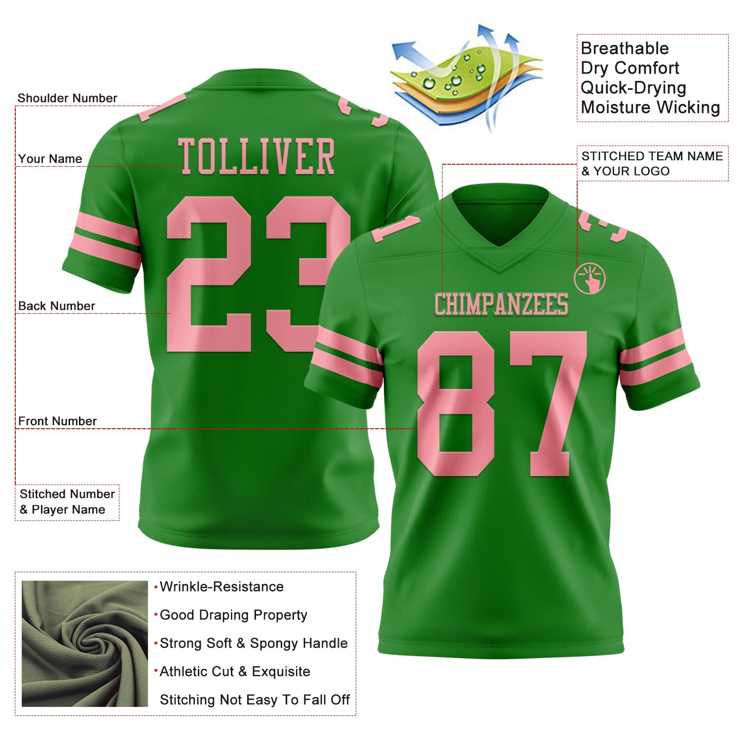 Custom Grass Green Medium Pink Mesh Authentic Football Jersey - Sky-Custom